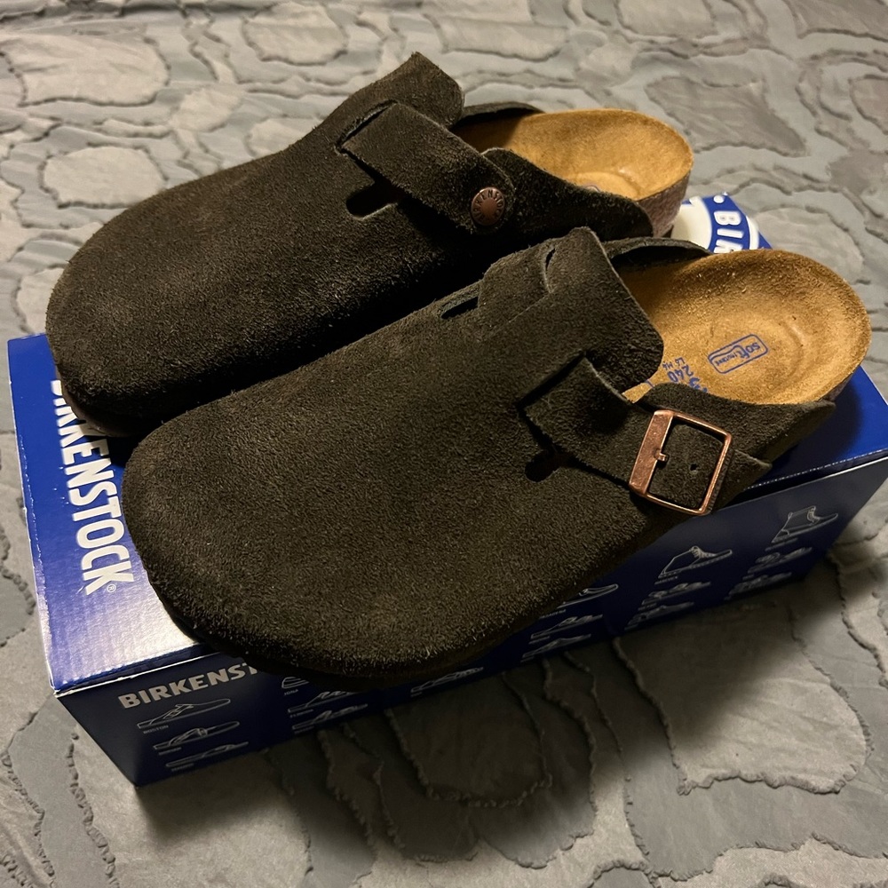 Birkenstock Black Suede Boston Clogs with Buckle